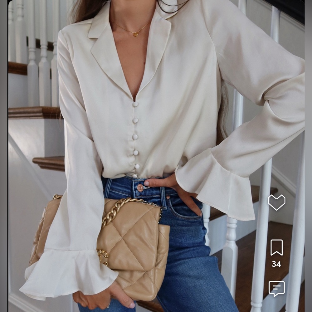 1 State Bell Sleeve Satin Button-Up Shirt - Birch